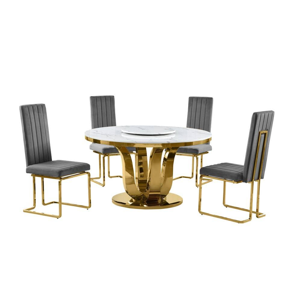 Farrah 5-Piece Round White Marble Top Lazy Susan Gold Stainless Steel Dining Set With 4 Dark Grey Velvet Fabric Chairs -  Best Quality Furniture, D325-4SC344