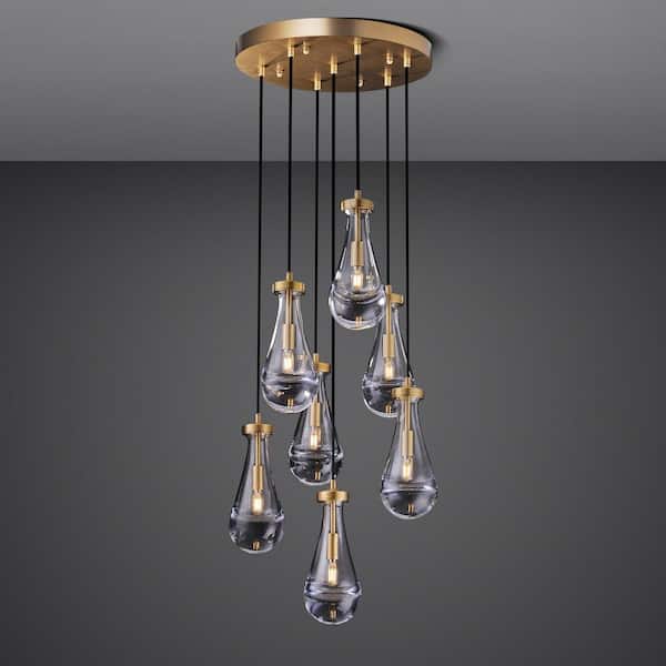 Raindrop 7-Light Dining Room Chandelier Adjustable Cord LED Chandelier, Brass Chandelier for Living Room Bedroom Kitchen