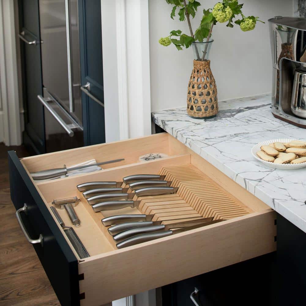 Natural Maple Wood Dual Row Knife Block Drawer Organizer Insert