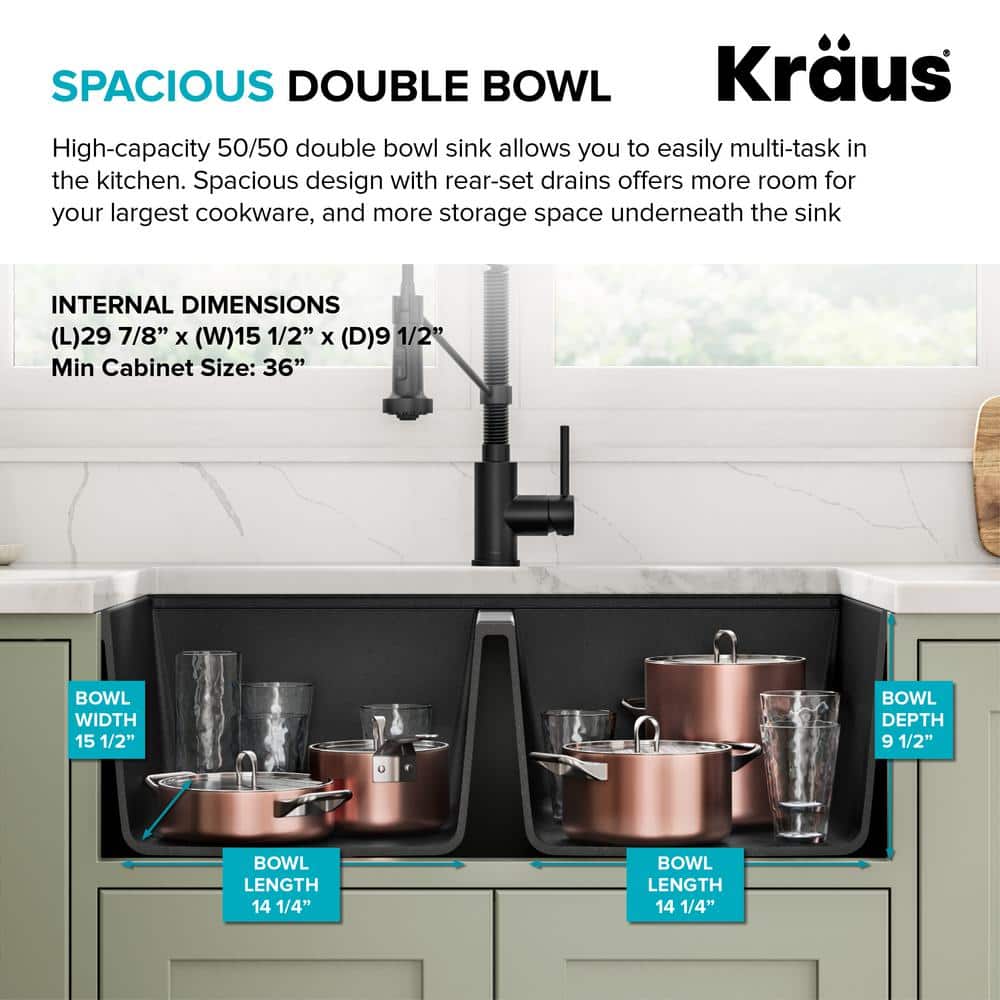 KRAUS 33 inch L Undermount 50/50 Double Bowl Black Onyx Granite Kitchen Sink
