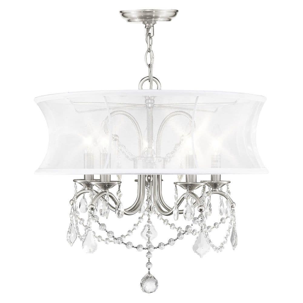 Newcastle Brushed Nickel 5-Light Chandelier with Crystal Drops and Silk Shade