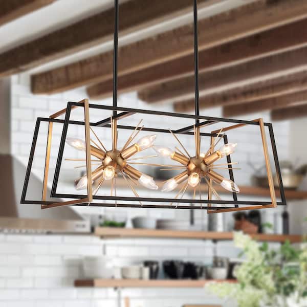 29.5 in. 12-Light Modern Chandelier Lights, Industrial Black Island Pendant Lights, Dark Gold Sputnik Hanging Light