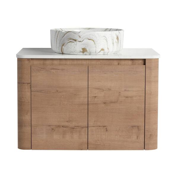 30 in. Wall-Mounted Imitative Oak Bath Vanity with White Engineered Stone Top Unassembled