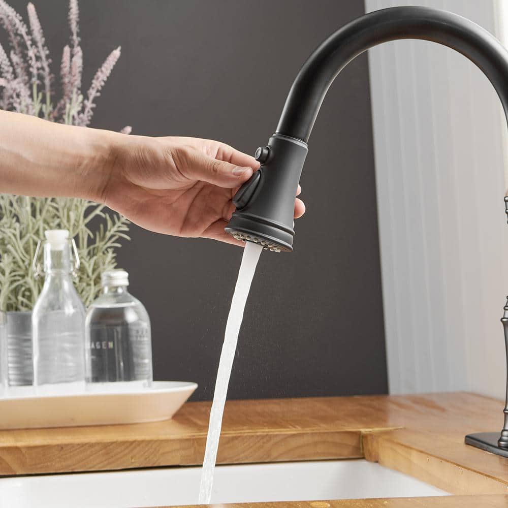 Matte Black Single-Handle Pull-Down Kitchen Faucet with Deck Plate