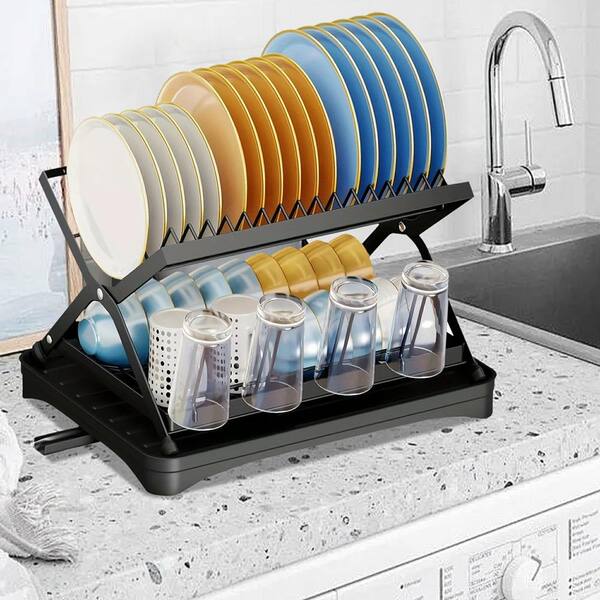 Amucolo 2-layer Black Bowl and Dish Rack with bowl, cup, and basin holder, foldable bowl and dish drain rack