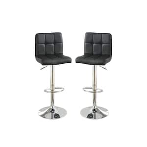 44 in. Adjustable Square Seat Black Faux Leather High Back Metal Bar Stools (Set of 2)