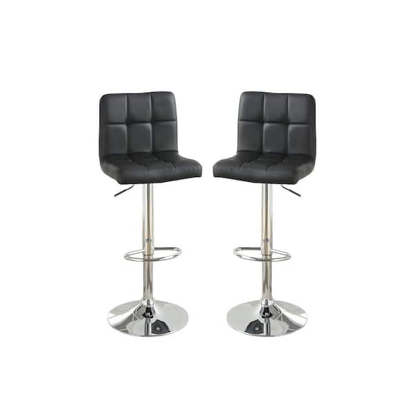 44 in. Adjustable Square Seat Black Faux Leather High Back Metal Bar Stools (Set of 2)