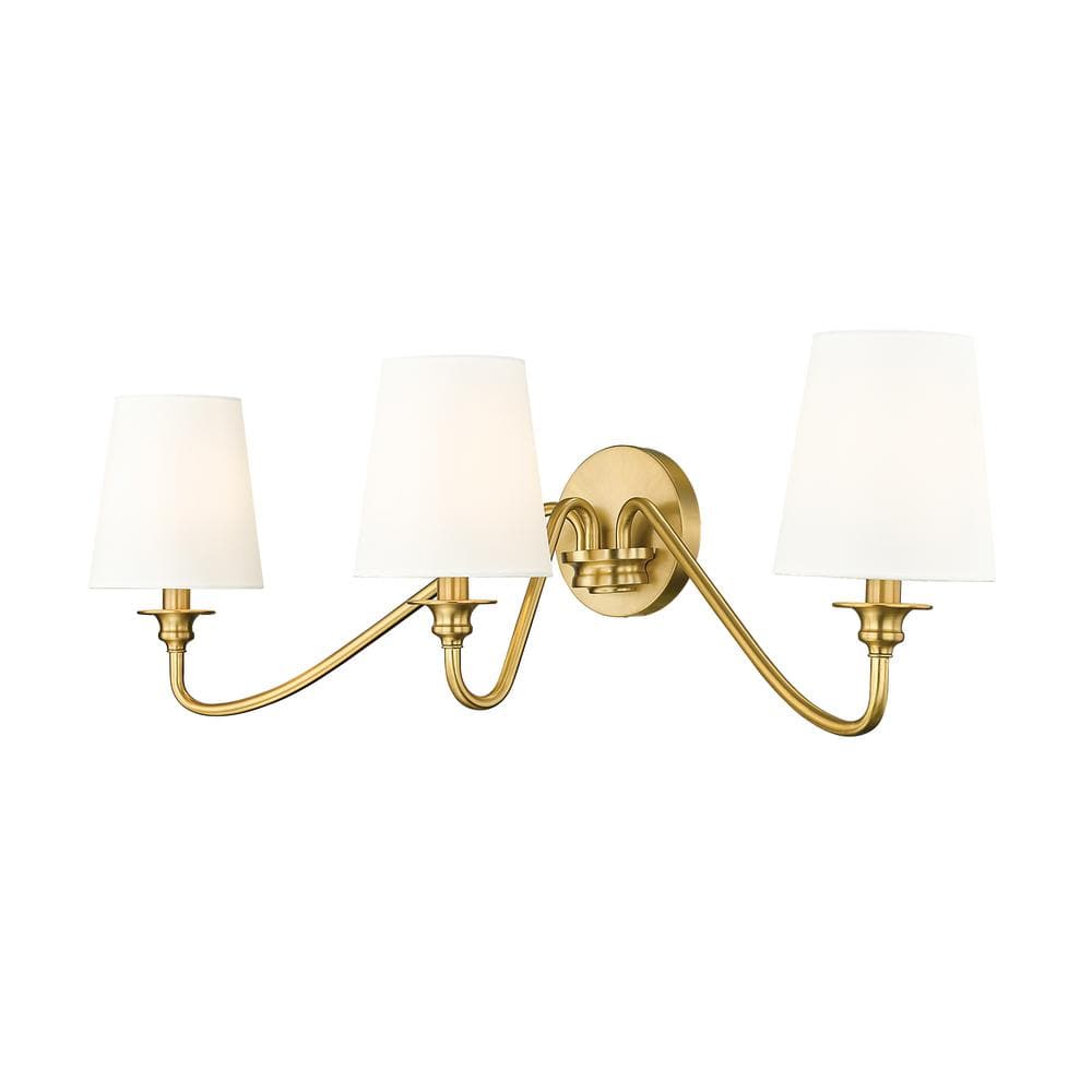 Gianna 32 in. 3-Light Modern Gold Wall Sconce with White Fabric Shades and 