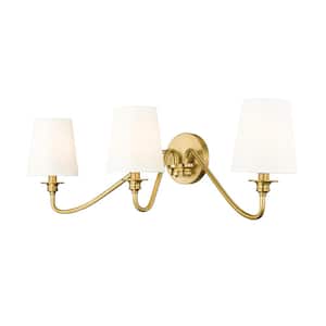 Gianna 32 in. 3-Light Modern Gold Wall Sconce with White Fabric Shades and No Bulb Included