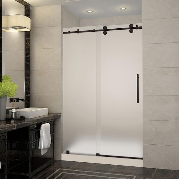 Aston Langham 48 in. x 36 in. x 77.5 in. Frameless Sliding Shower Door with Frosted Glass in Bronze, Right Drain