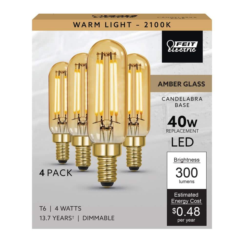 Amber Glass Vintage LED Dimmable T6 Light Bulbs, 4-Pack