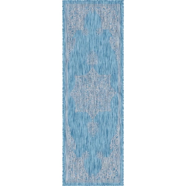 Unique Loom Aqua Blue Antique 2 ft. x 6 ft. Outdoor Runner Rug