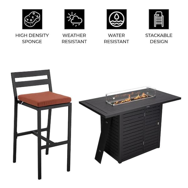 Leisuremod - 7-Piece Aluminum Patio Dining Bar Set with Fire Pit Table and 4-Barstool with Removable Cushion in Orange