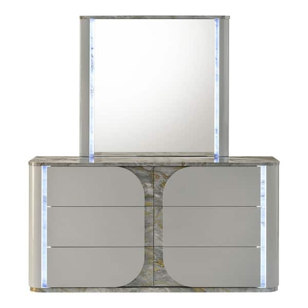 Wells Light Gray 6-Drawer 62.5 in. Dresser with Mirror, Touch-control LED, Replicated Marble Accents and Plinth Base