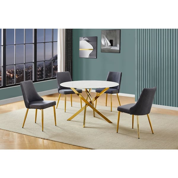 Best Quality Furniture Ruth 5-Piece White Marble Wrap Glass Top Gold Chrome Plated Base Dining Set with 4 Dark Grey Velvet Fabric Chairs