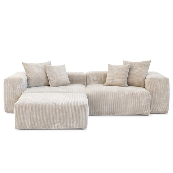 Magic Home 102 in. Square Arm 3-Piece L Shaped Corduroy Polyester 3 Seats Modern Sectional Sofa Couch with Ottoman in Beige