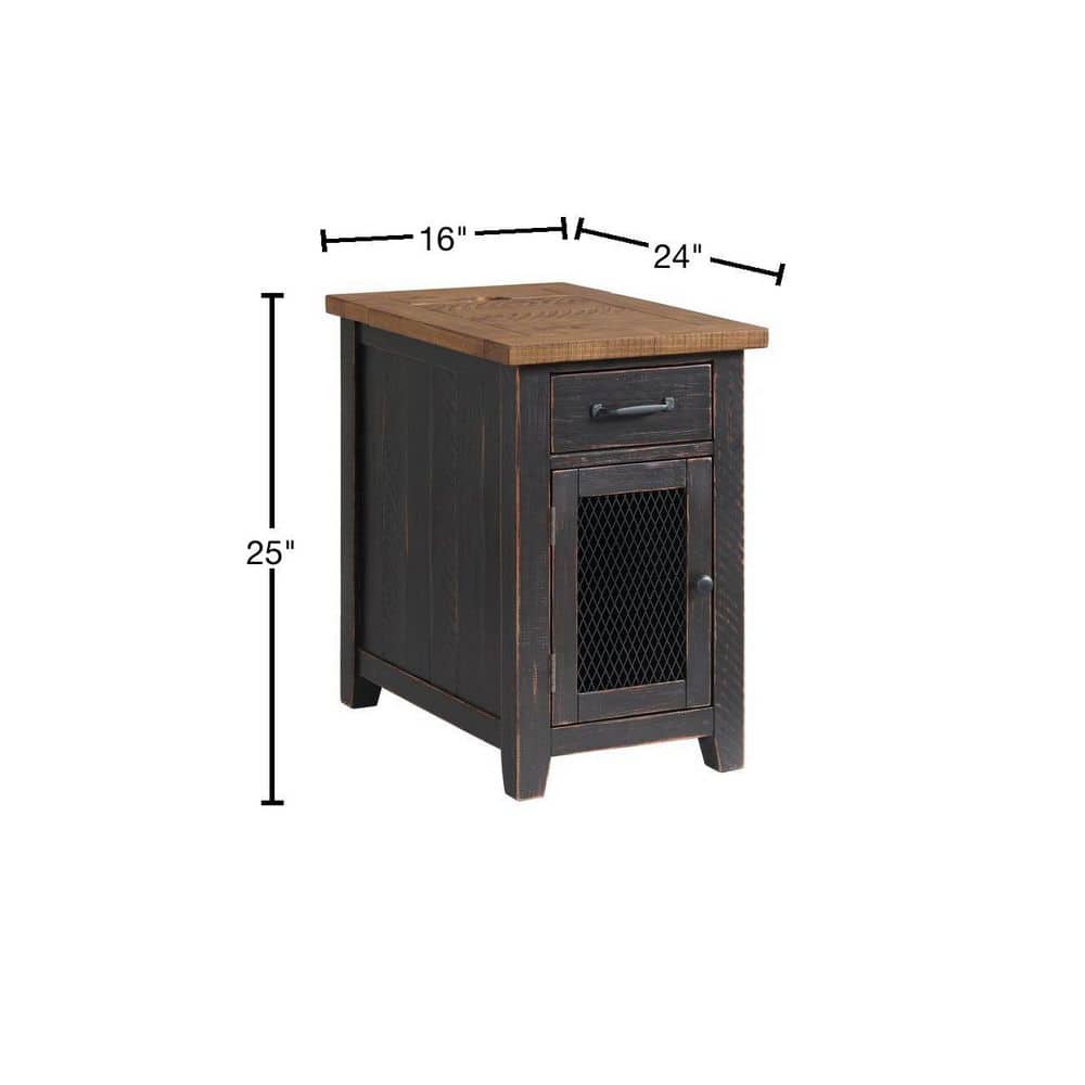 Espresso Rustic Pine Chairside Table with Power Outlets and Storage