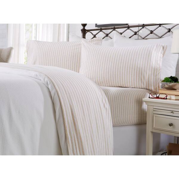 FRESHFOLDS 3-Piece Beige Stripe Jersey Knit Cotton Jersey Twin XL Deep Pocket Sheet Set