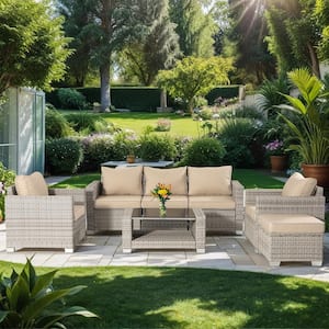 Gray 7-Piece Wicker Outdoor Sectional Set with Khaki Cushions and Table