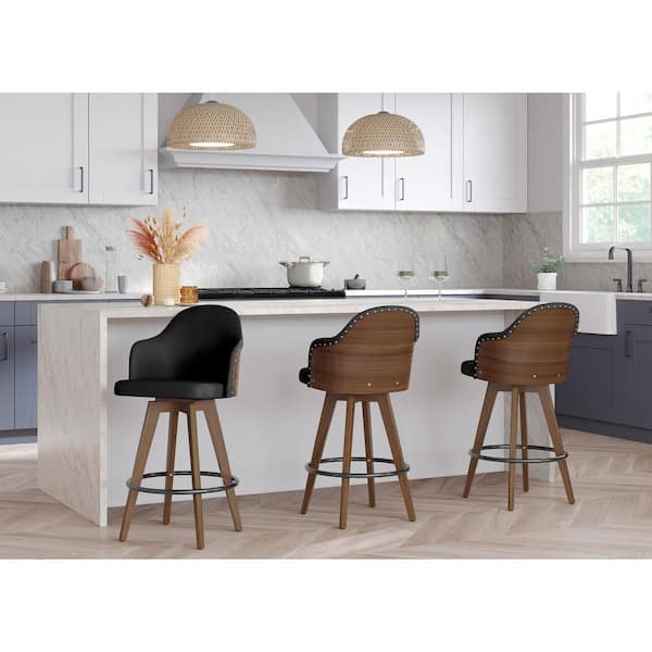 Ahoy 26 in. Walnut and Black Faux Leather Counter Stool with Nailhead Trim