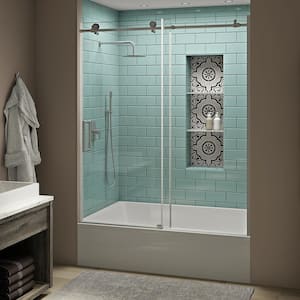 Coraline XL 56 - 60 in. x 70 in. Frameless Sliding Tub Door with StarCast Clear Glass in Stainless Steel, Left Opening