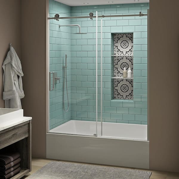 Aston Coraline XL 56 - 60 in. x 70 in. Frameless Sliding Tub Door with StarCast Clear Glass in Stainless Steel, Left Opening