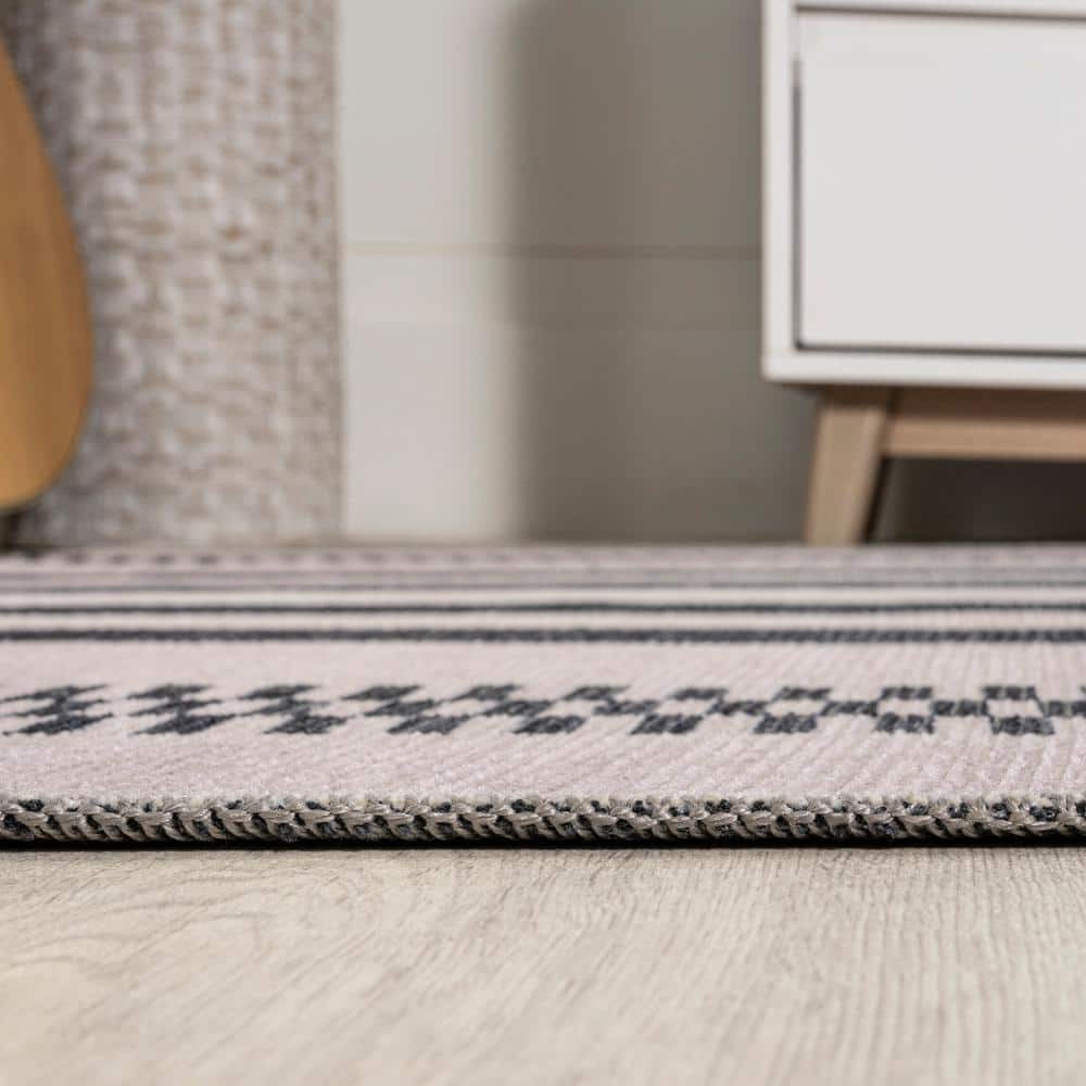 Modern Handcrafted Cream/Black Stripe Synthetic 9' x 12' Area Rug