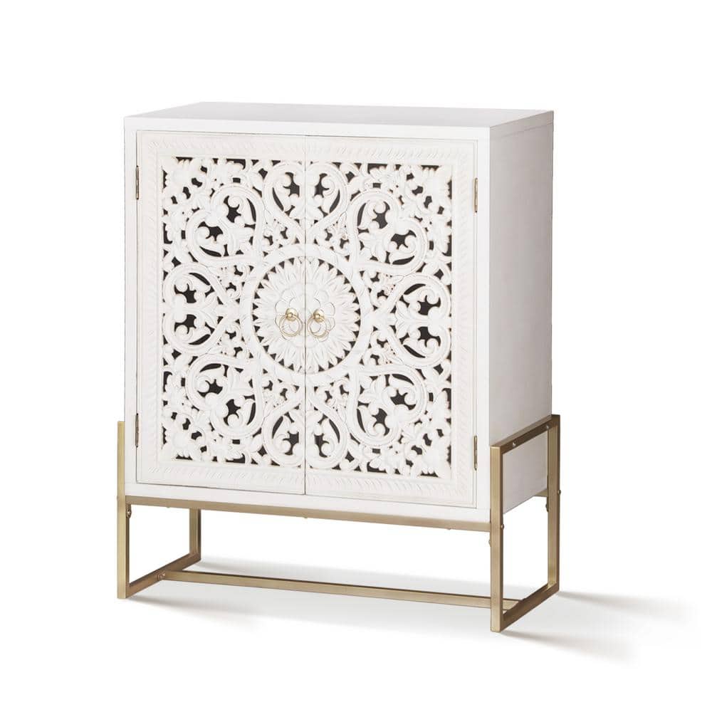 37.4 in. White Carved Composite Accent Cabinet with Adjustable Shelving