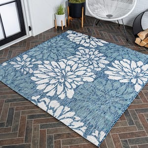 Zinnia Navy/Aqua 5 ft. Square Modern Floral Textured Weave Indoor/Outdoor Area Rug