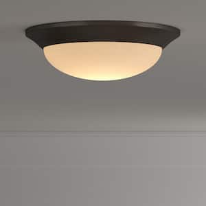 12.7 in. 120-Watt Equivalent Oil-Rubbed Bronze Integrated LED Flush Mount with Etched Linen Glass Shade