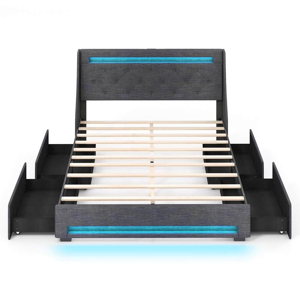 Queen Size Upholstered Platform Bed Frame with LED Lights and Charging Station-Grey price history on PriceWatchPro