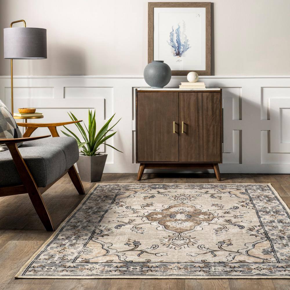 Gray Floral Cotton Synthetic Washable Round Area Rug