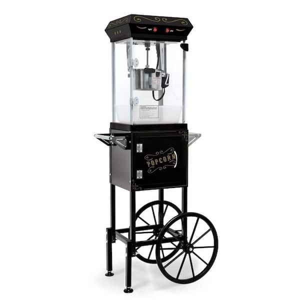 Medium 0.19 qt. Stainless Steel Black Popcorn Maker with Cart and Wheels, Popcorn Popper with Lockers