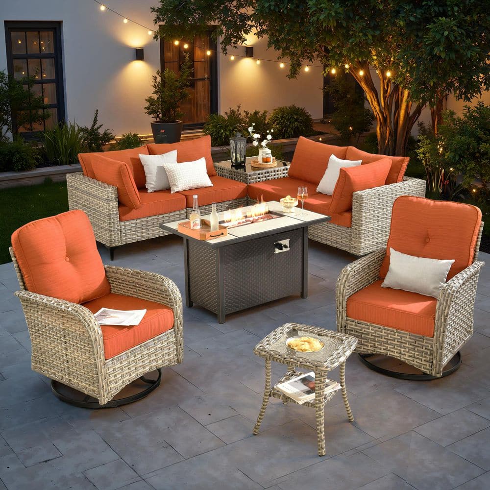 Melly Gray 9-Piece Wicker 54 in. Rectangle Fire Pit Patio Conversation Set with Bold-stripe Orange Red Cushions
