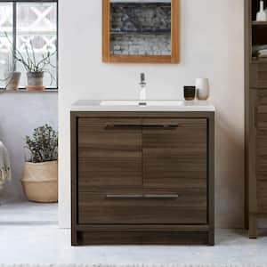 36 in. W x 19.7 in. D x 34.3 in. H Oak Freestanding Single Integrated Sink Bath Vanity w/ White Top, Soft Close Drawer