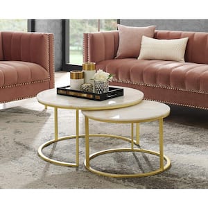 Marley 31 in. Gold/White Medium Round Stone Coffee Table with Nesting Tables