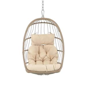Outdoor 1-Person Wicker Rattan Egg Swing Chair without Stand, Porch Swing Foldable Hammock Chair for Bedroom, Beige