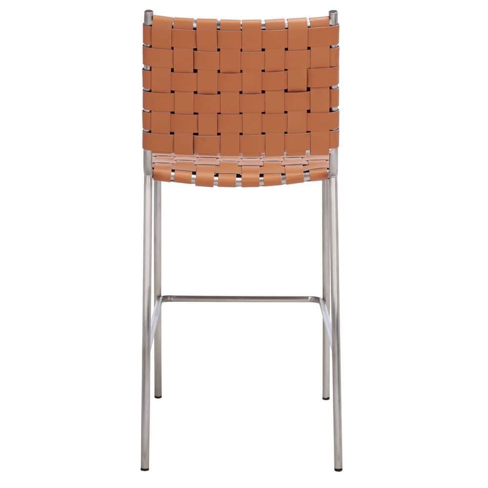 Cognac Leather and Silver Metal Saddle Counter Stool