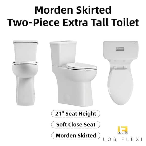 21 Inch Extra Tall Toilet, Skirted Elongated Bowl, 1.1/1.28 GPF Dual Flush, 2-Piece, White Ceramic Toilet 12'' Rough-In