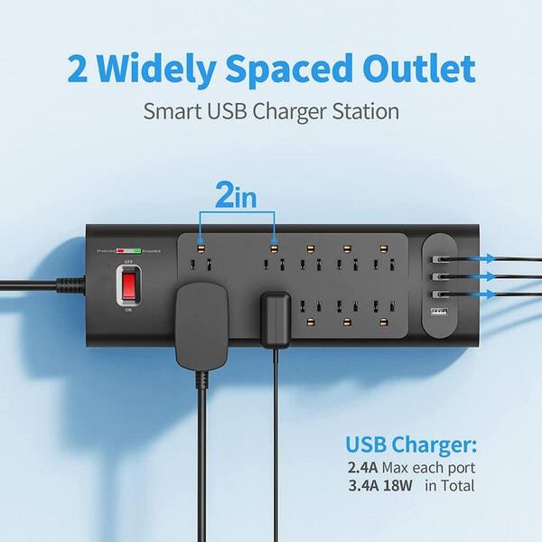  Power Strip Surge Protector - 6 Widely Outlets with 3