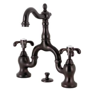 French Country 8 in. Widespread 2-Handle Bridge Bathroom Faucets with Brass Pop-Up in Oil Rubbed Bronze