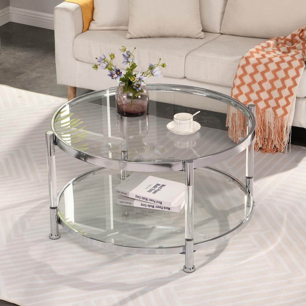 32.3 in. Round Tempered Glass Coffee Table 2-Tier Glass Top Acrylic ...