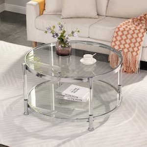 32.3 in. Round Tempered Glass Coffee Table 2-Tier Glass Top Acrylic Round Coffee Tables with Metal Frame