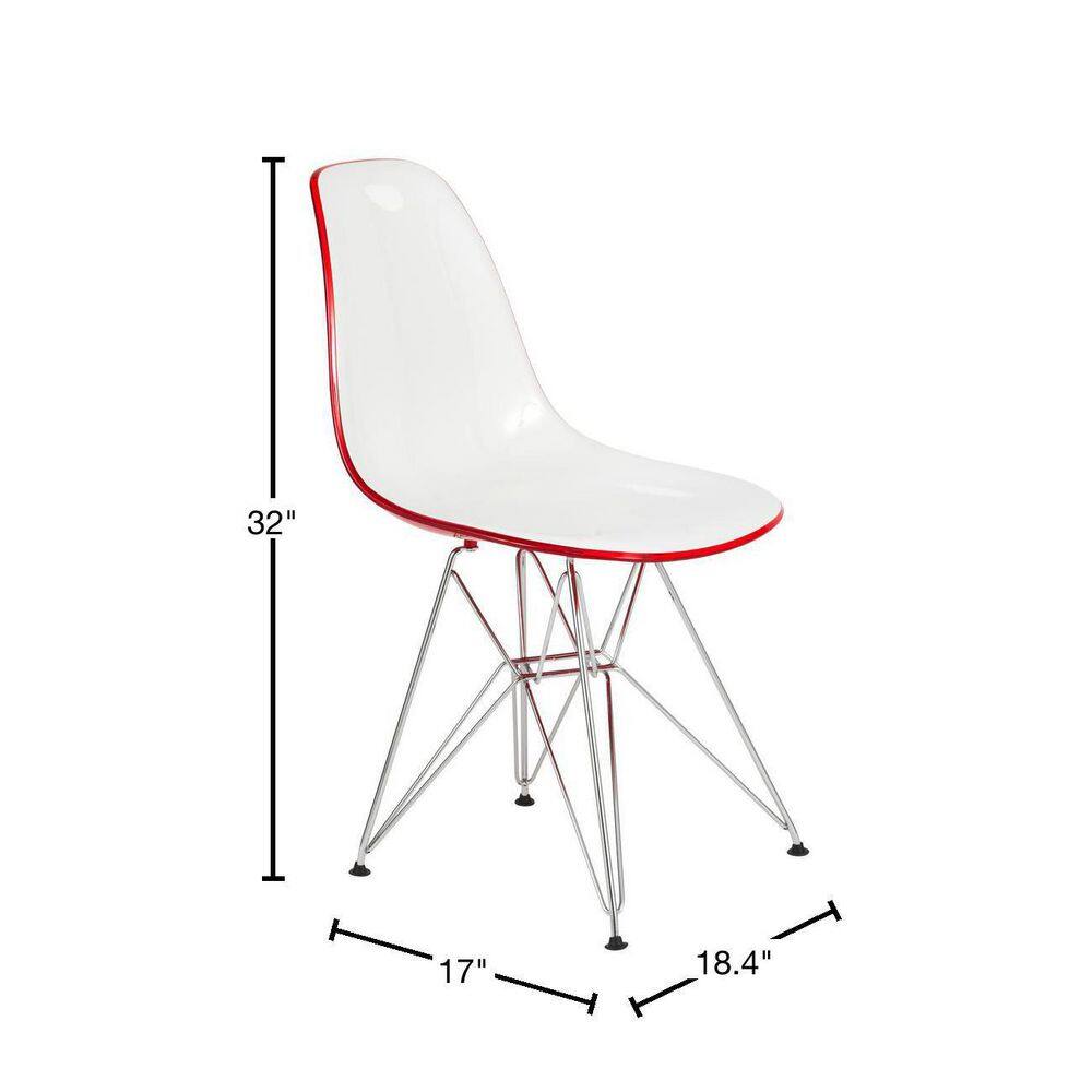 White and Red Plastic Side Chair with Chrome Eiffel Legs