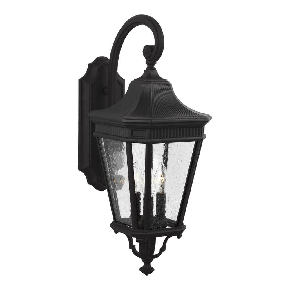 Black Aluminum 3-Light Outdoor Wall Lantern with Clear Seeded Glass