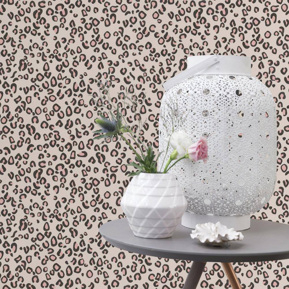 Blush and Black Leopard Print Vinyl Wallpaper, 20.5-in by 33-ft