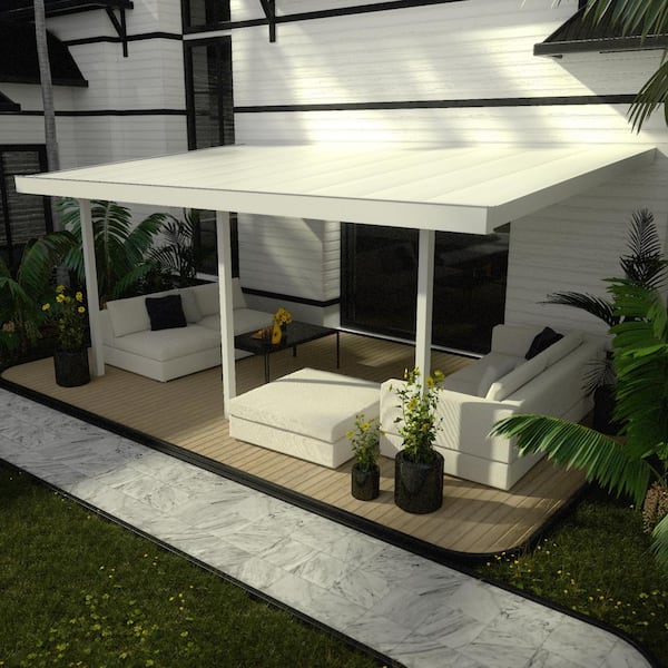 Four Seasons Outdoor Living Solutions Contempra Aluminum 16 ft. x 10 ft. White Patio Cover with 3 in. Solid Insulated Roof Panels 40 lb. Snow Load 3 Posts