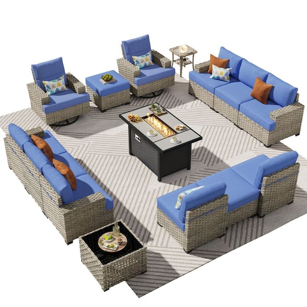 Verdantia 15 Pieces Wicker Rectangular Fire Pit Sets and Swivel Rocking Chairs with Navy Blue Cushion