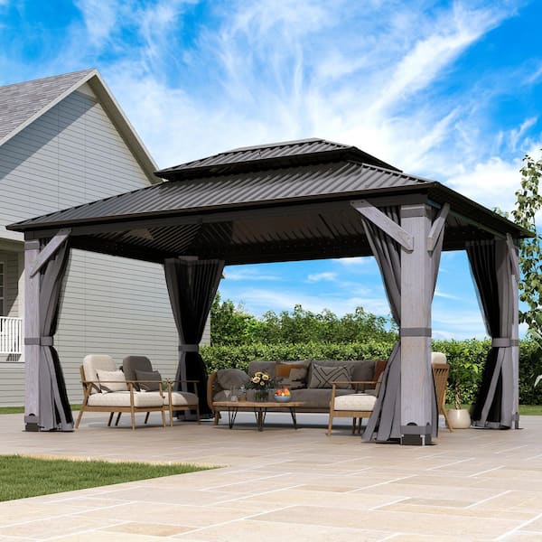 COVERONICS 12 ft. x 16 ft. Outdoor Hardtop Gazebo with Wood Posts, Galvanized Steel Doule Roof and Netting & Curtains for Patio