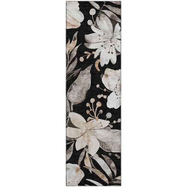 Mayfield Premium Machine Washable Abstract AMF2260 Black 2 ft. x 7 ft. Runner Rug